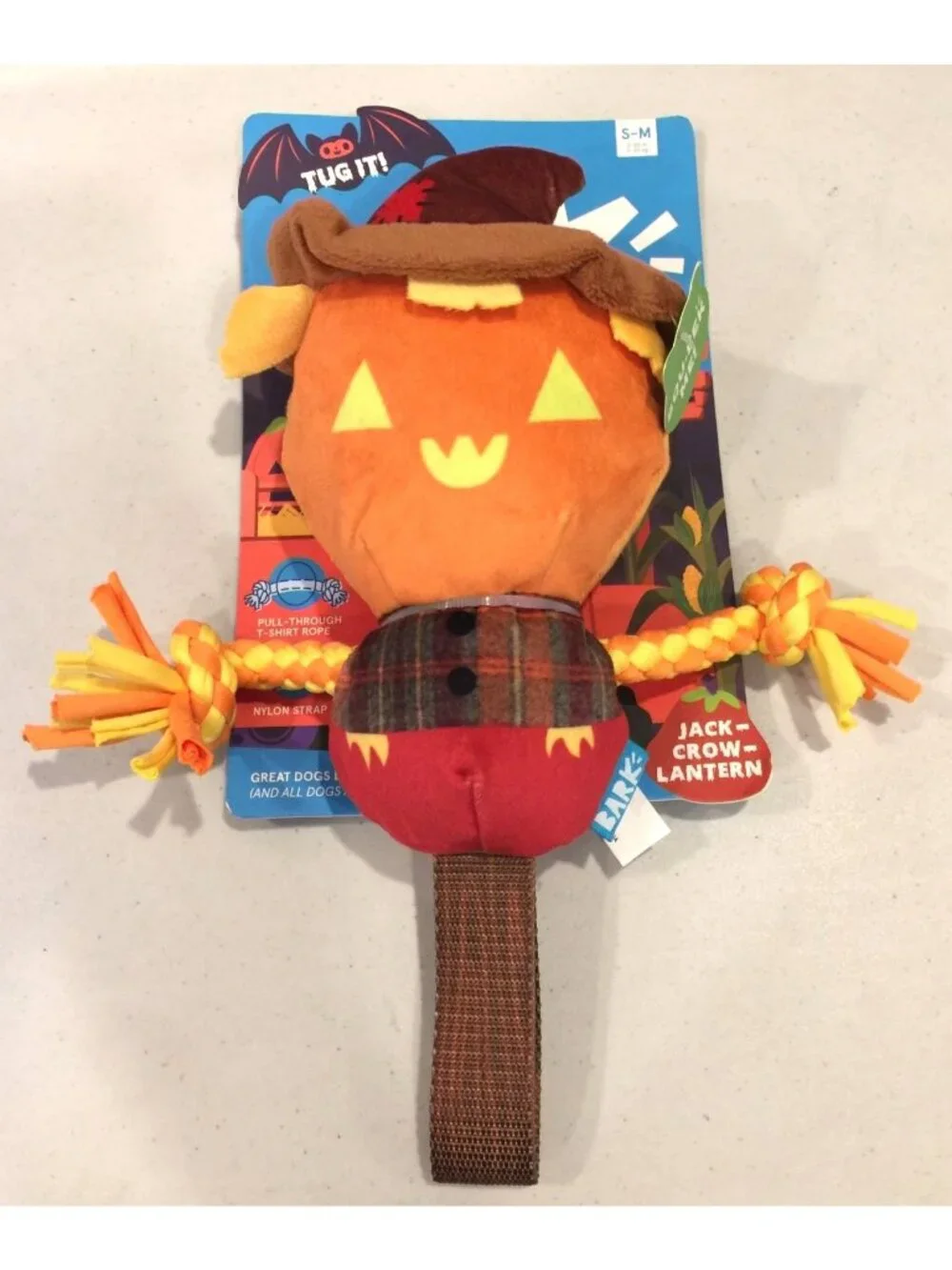 BARK Haunted Playride Jack-Crow-Lantern Tug It Plush Dog Toy Squeak Rope